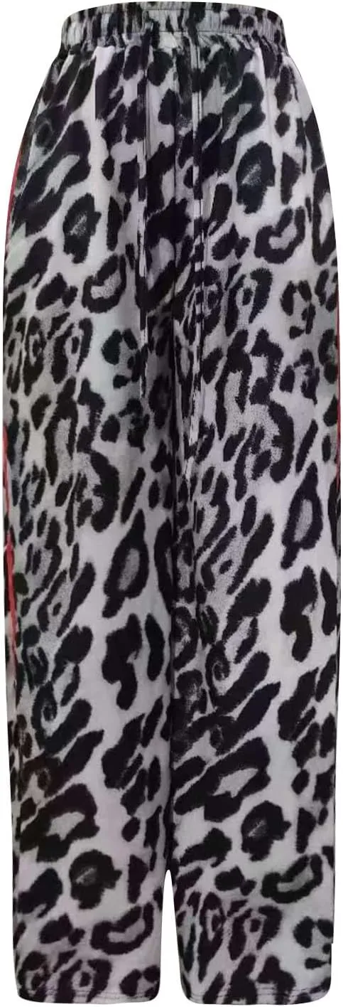 Leopard Pants Women Elastic Waist Side Stripe Pants Baggy Wide Leg Street Long Trousers Loose Fit Cozy Sweatpants