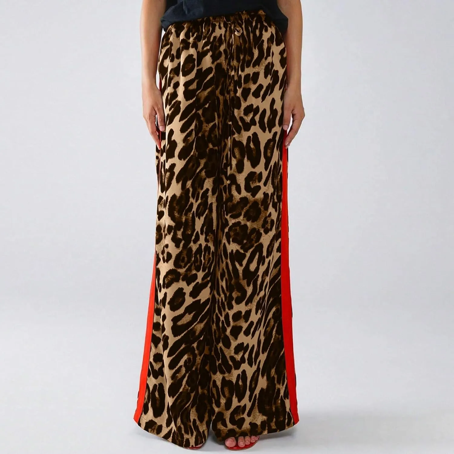 Leopard Pants Women Elastic Waist Side Stripe Pants Baggy Wide Leg Street Long Trousers Loose Fit Cozy Sweatpants