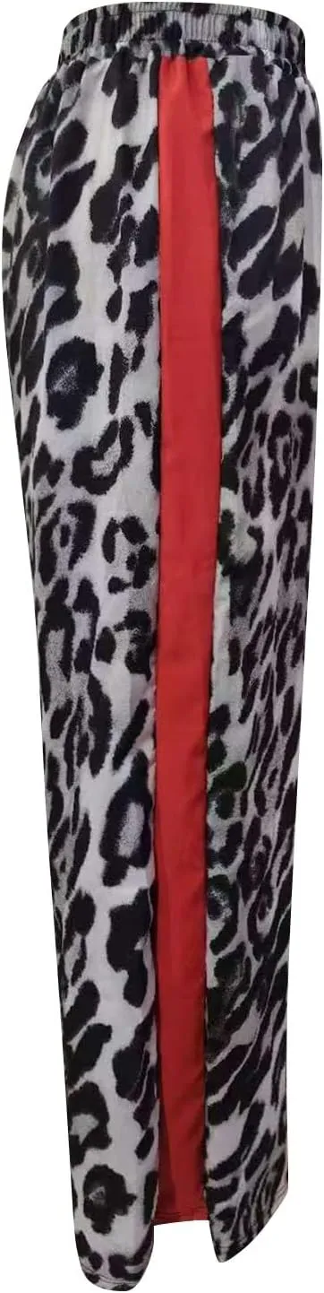 Leopard Pants Women Elastic Waist Side Stripe Pants Baggy Wide Leg Street Long Trousers Loose Fit Cozy Sweatpants