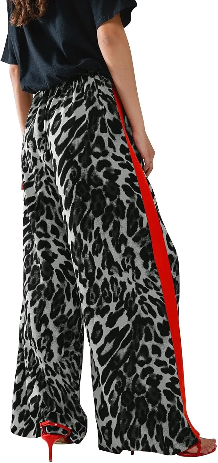 Leopard Pants Women Elastic Waist Side Stripe Pants Baggy Wide Leg Street Long Trousers Loose Fit Cozy Sweatpants