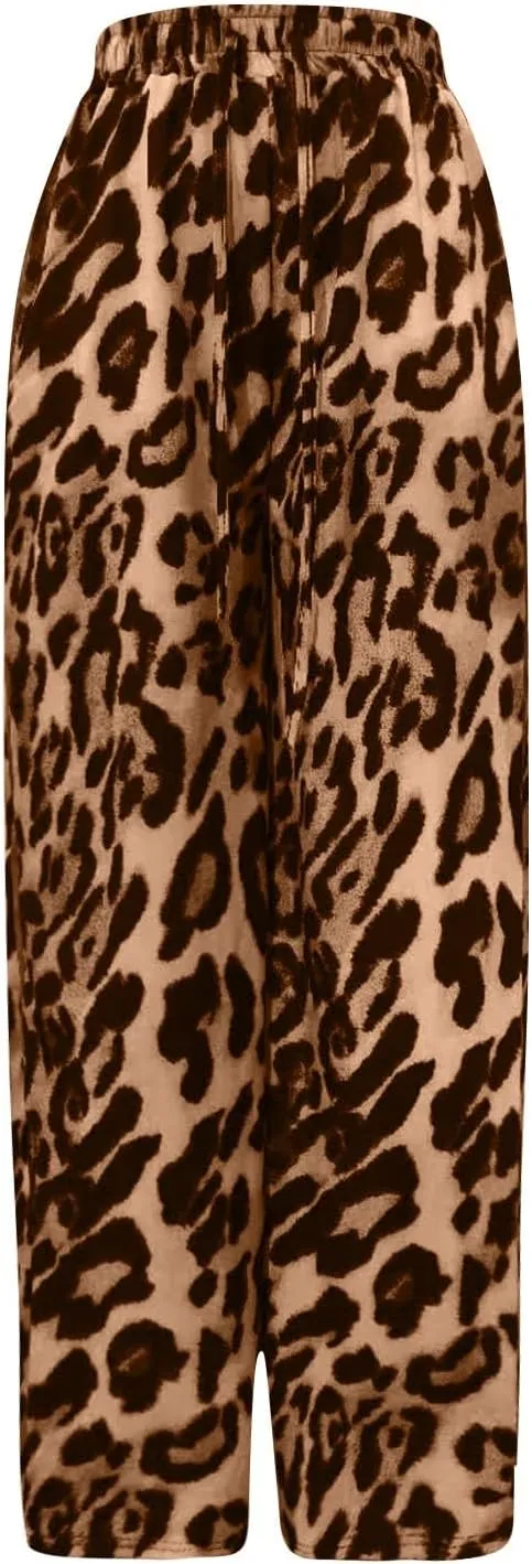 Leopard Pants Women Elastic Waist Side Stripe Pants Baggy Wide Leg Street Long Trousers Loose Fit Cozy Sweatpants
