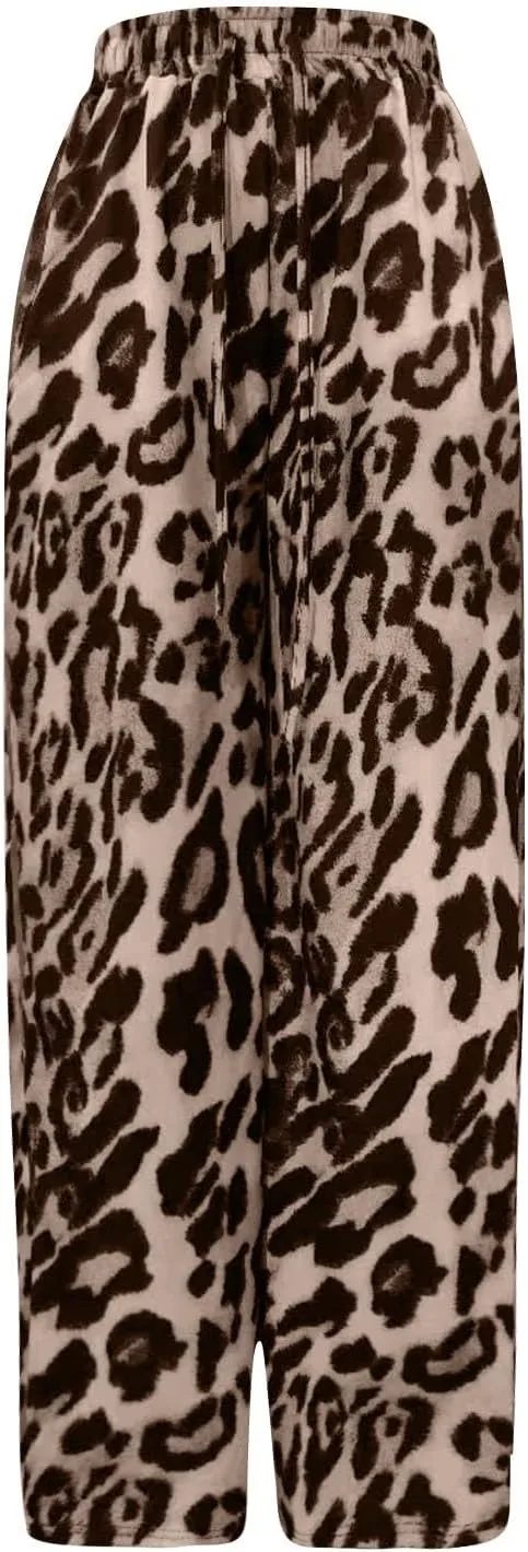 Leopard Pants Women Elastic Waist Side Stripe Pants Baggy Wide Leg Street Long Trousers Loose Fit Cozy Sweatpants