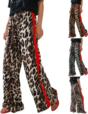 Leopard Pants Women Elastic Waist Side Stripe Pants Baggy Wide Leg Street Long Trousers Loose Fit Cozy Sweatpants