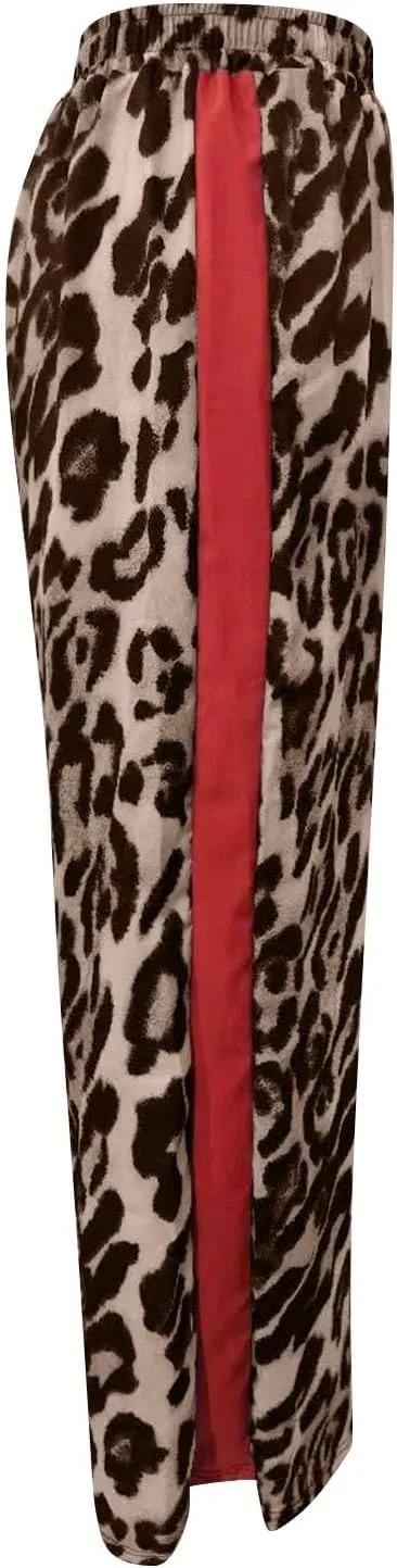 Leopard Pants Women Elastic Waist Side Stripe Pants Baggy Wide Leg Street Long Trousers Loose Fit Cozy Sweatpants