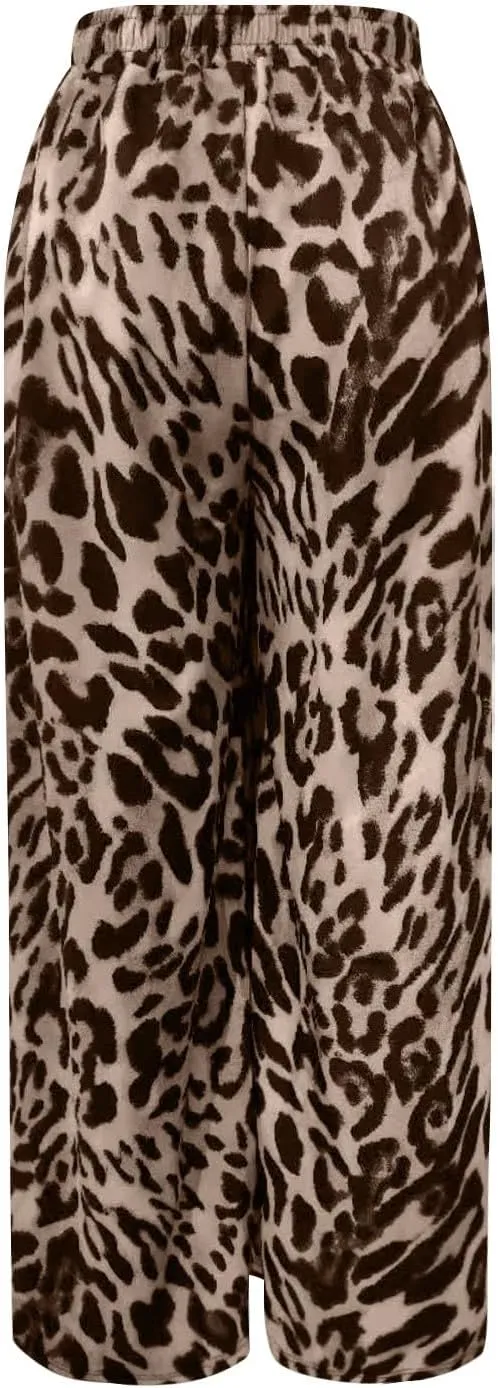Leopard Pants Women Elastic Waist Side Stripe Pants Baggy Wide Leg Street Long Trousers Loose Fit Cozy Sweatpants