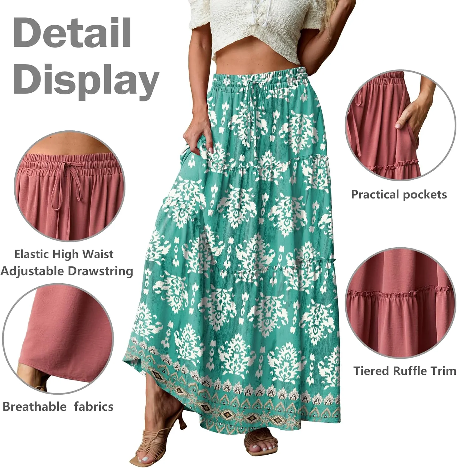 Lepunuo Womens Casual Boho High Waisted Flowy Maxi Skirts Trendy Floral Cute Long Skirts with Pockets