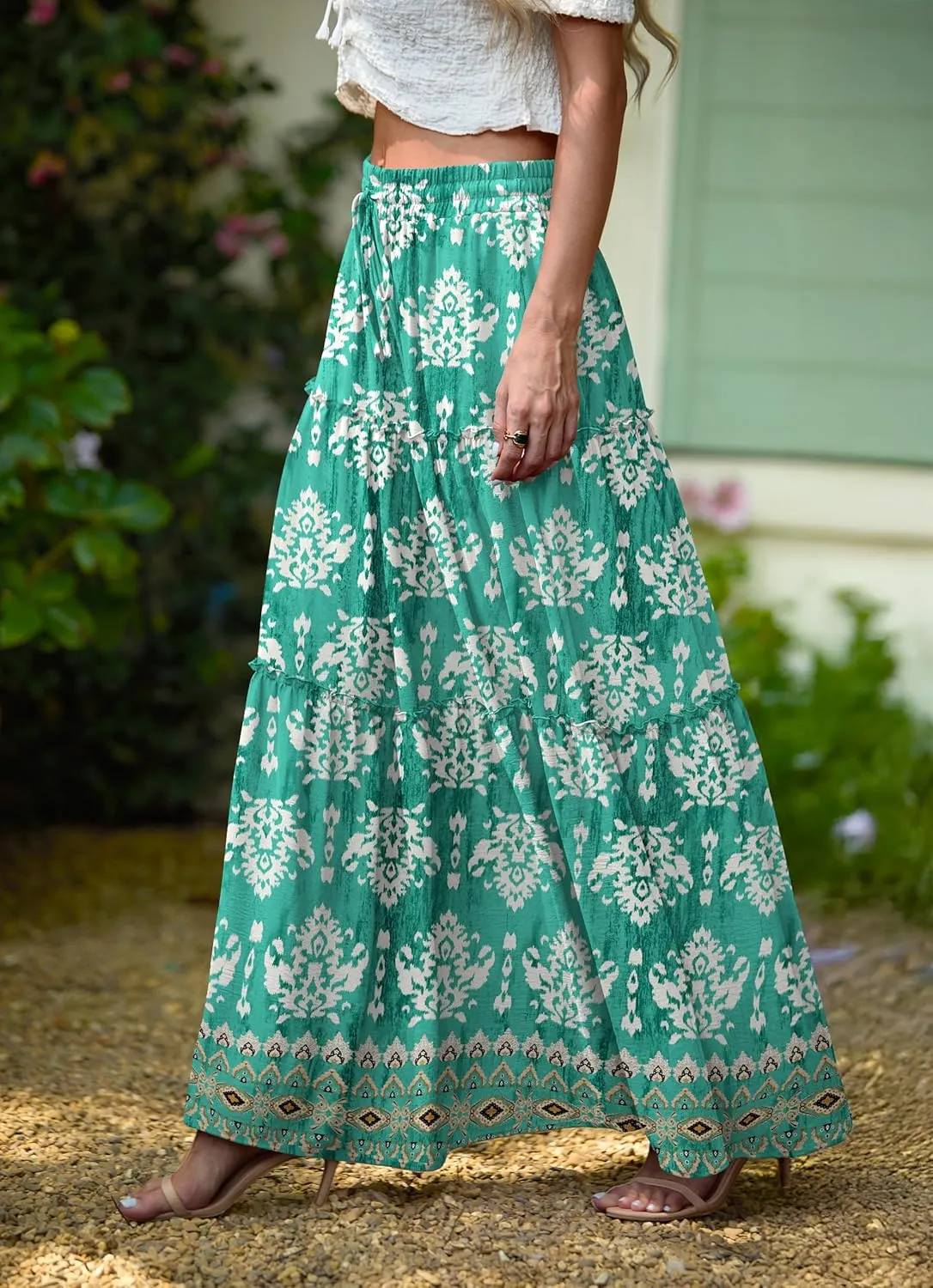 Lepunuo Womens Casual Boho High Waisted Flowy Maxi Skirts Trendy Floral Cute Long Skirts with Pockets