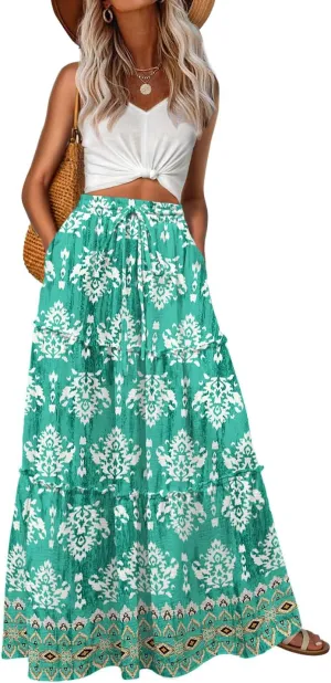 Lepunuo Womens Casual Boho High Waisted Flowy Maxi Skirts Trendy Floral Cute Long Skirts with Pockets