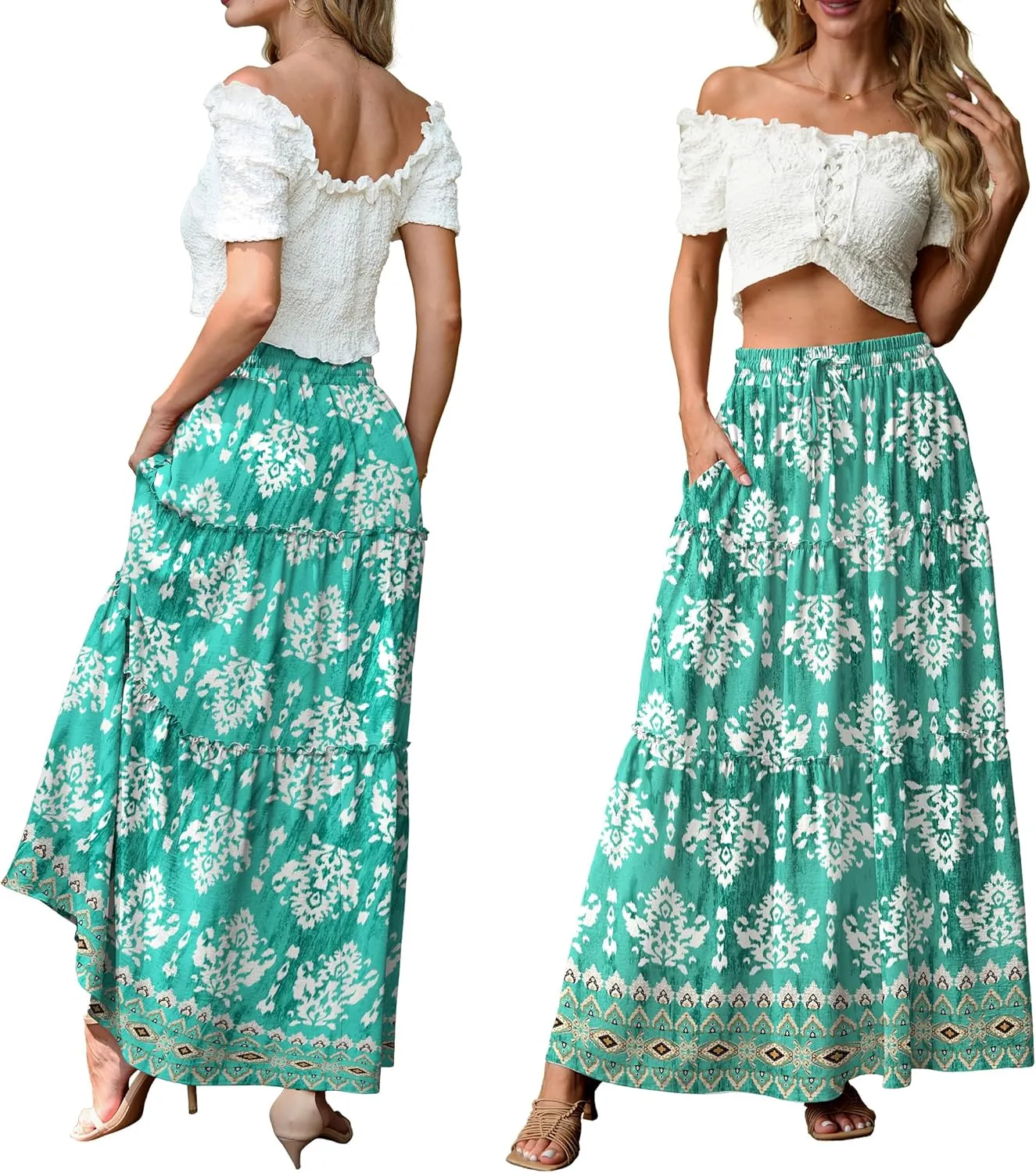 Lepunuo Womens Casual Boho High Waisted Flowy Maxi Skirts Trendy Floral Cute Long Skirts with Pockets