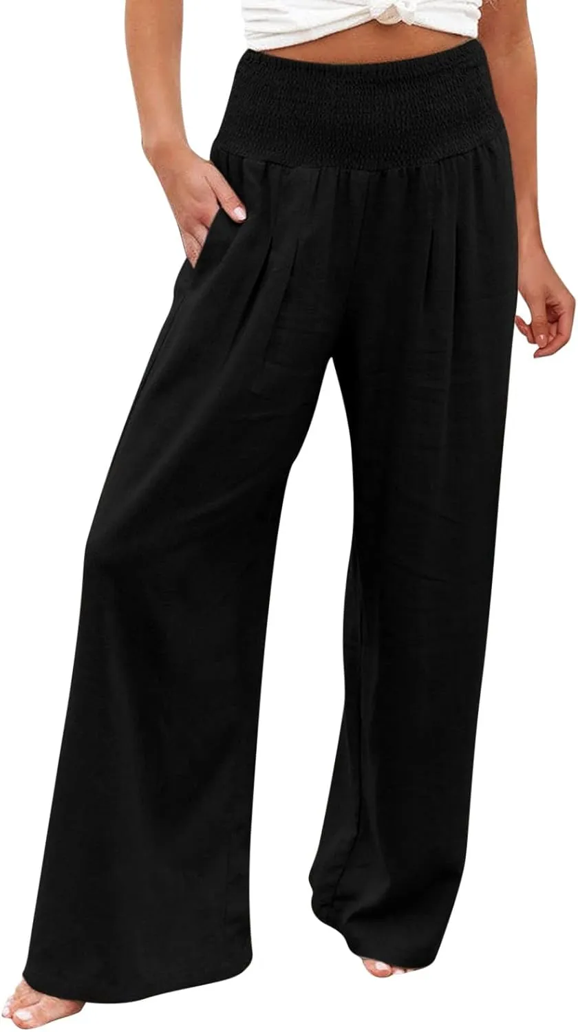 Linen Palazzo Pants for Women Summer Boho Wide Leg Pants High Waist Flowy Trousers 2025 Trendy Beach Vacation Clothes