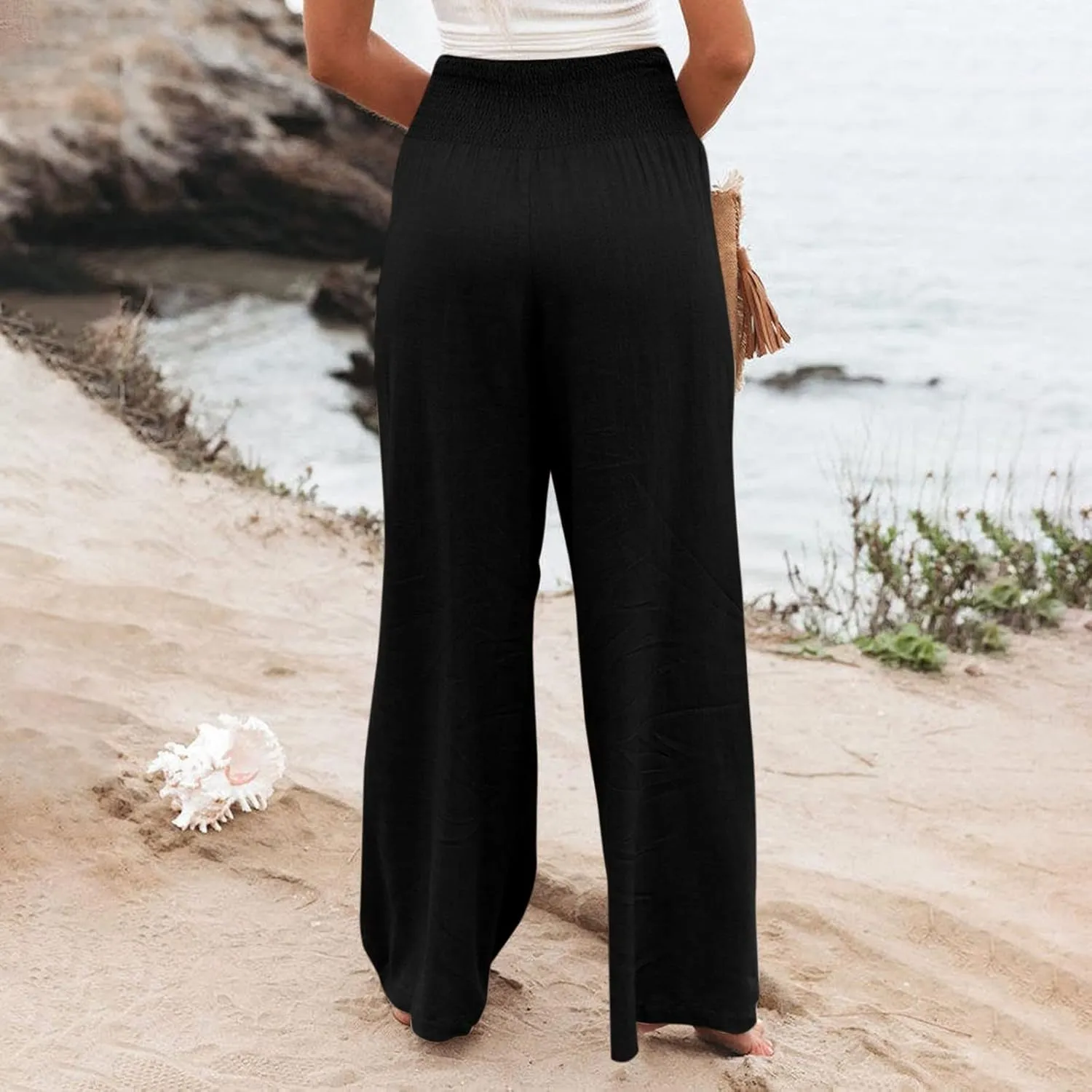 Linen Palazzo Pants for Women Summer Boho Wide Leg Pants High Waist Flowy Trousers 2025 Trendy Beach Vacation Clothes