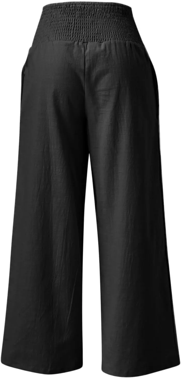 Linen Palazzo Pants for Women Summer Boho Wide Leg Pants High Waist Flowy Trousers 2025 Trendy Beach Vacation Clothes