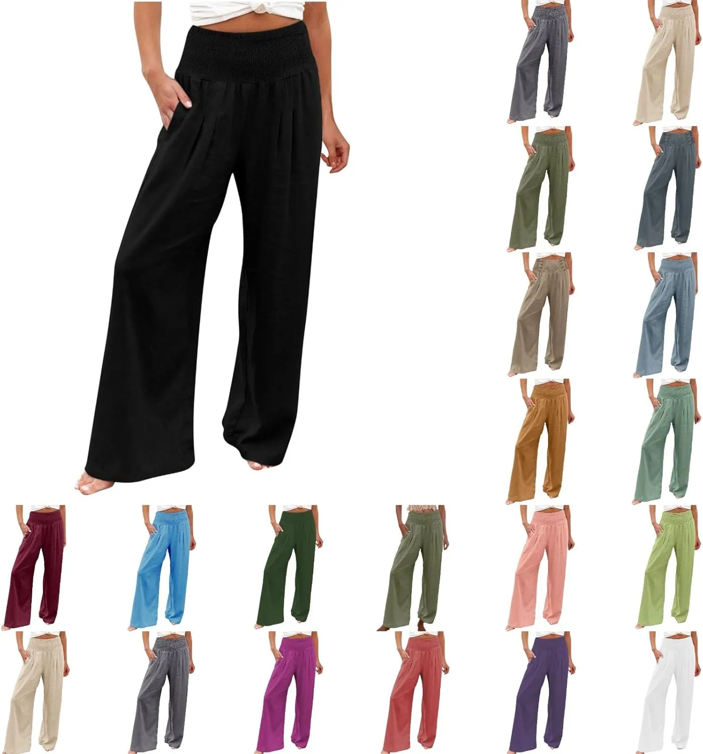 Linen Palazzo Pants for Women Summer Boho Wide Leg Pants High Waist Flowy Trousers 2025 Trendy Beach Vacation Clothes