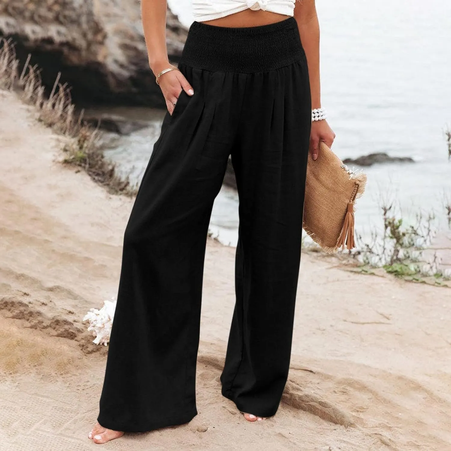 Linen Palazzo Pants for Women Summer Boho Wide Leg Pants High Waist Flowy Trousers 2025 Trendy Beach Vacation Clothes