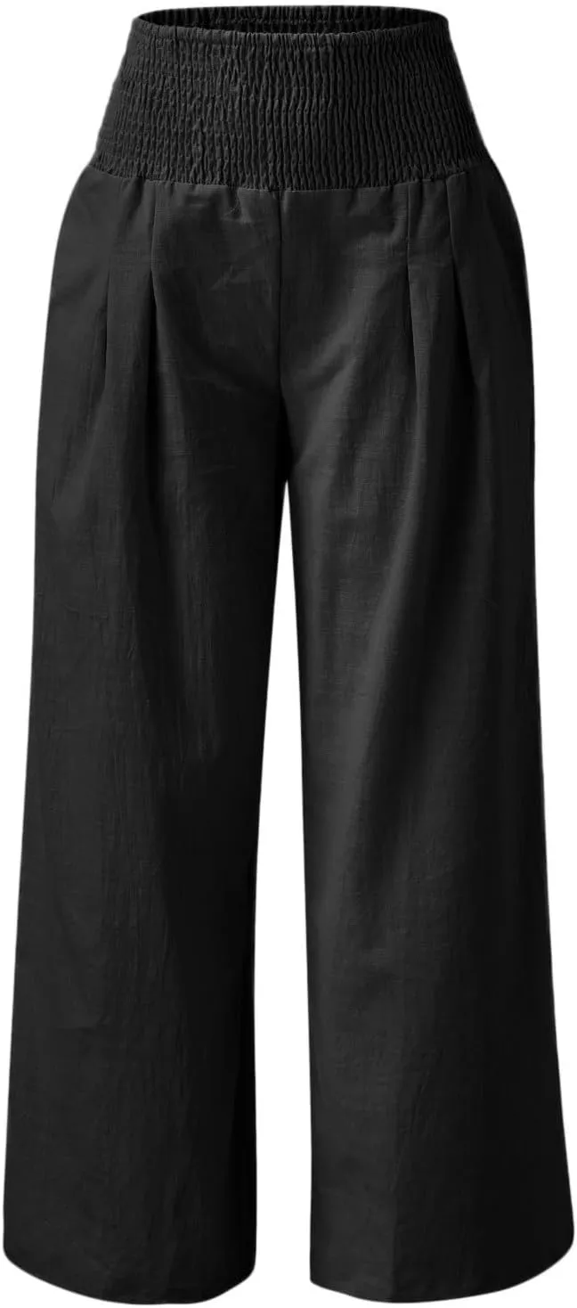 Linen Palazzo Pants for Women Summer Boho Wide Leg Pants High Waist Flowy Trousers 2025 Trendy Beach Vacation Clothes