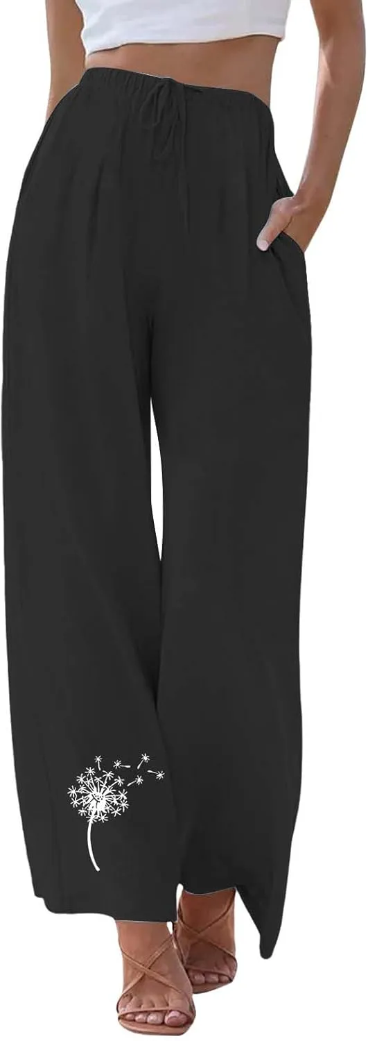 Linen Pants Women Summer Casual Boho Wide Leg Palazzo Pant High Waist Lightweight Flowy Beach Outfits Travel Vacation