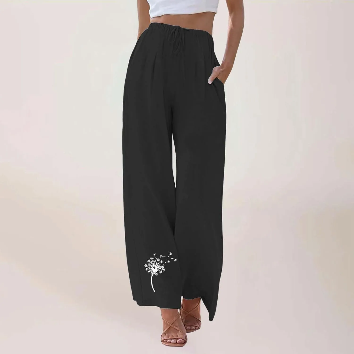 Linen Pants Women Summer Casual Boho Wide Leg Palazzo Pant High Waist Lightweight Flowy Beach Outfits Travel Vacation