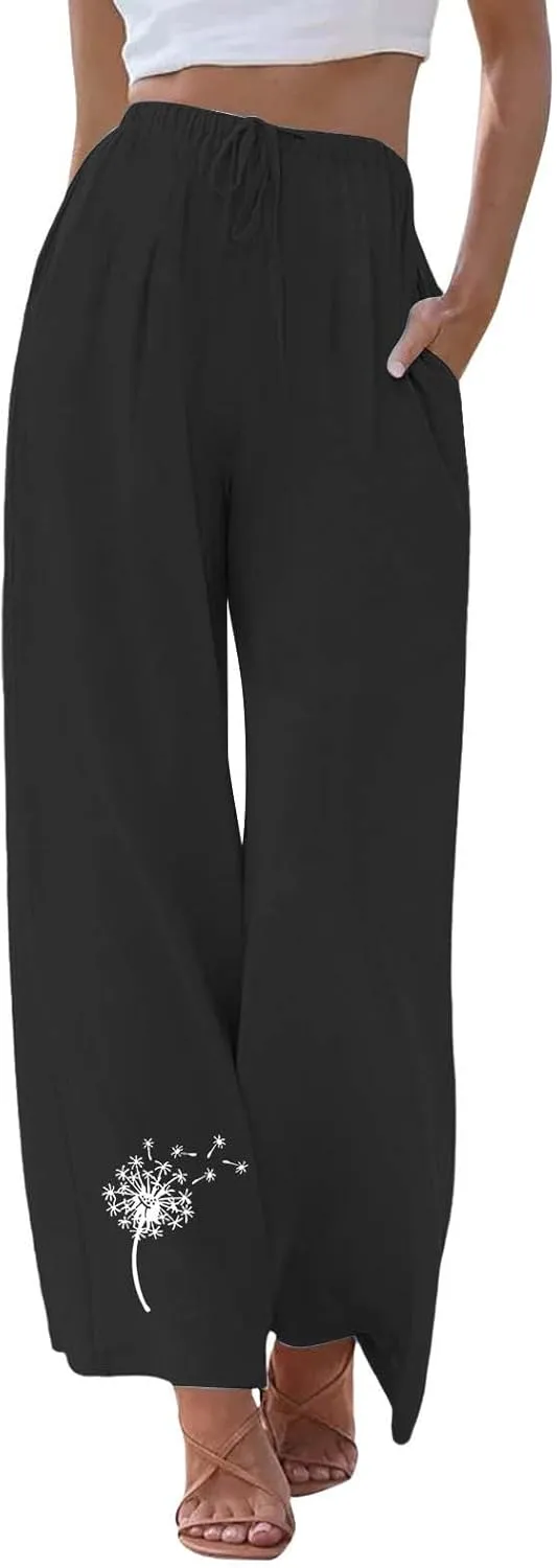 Linen Pants Women Summer Casual Boho Wide Leg Palazzo Pant High Waist Lightweight Flowy Beach Outfits Travel Vacation