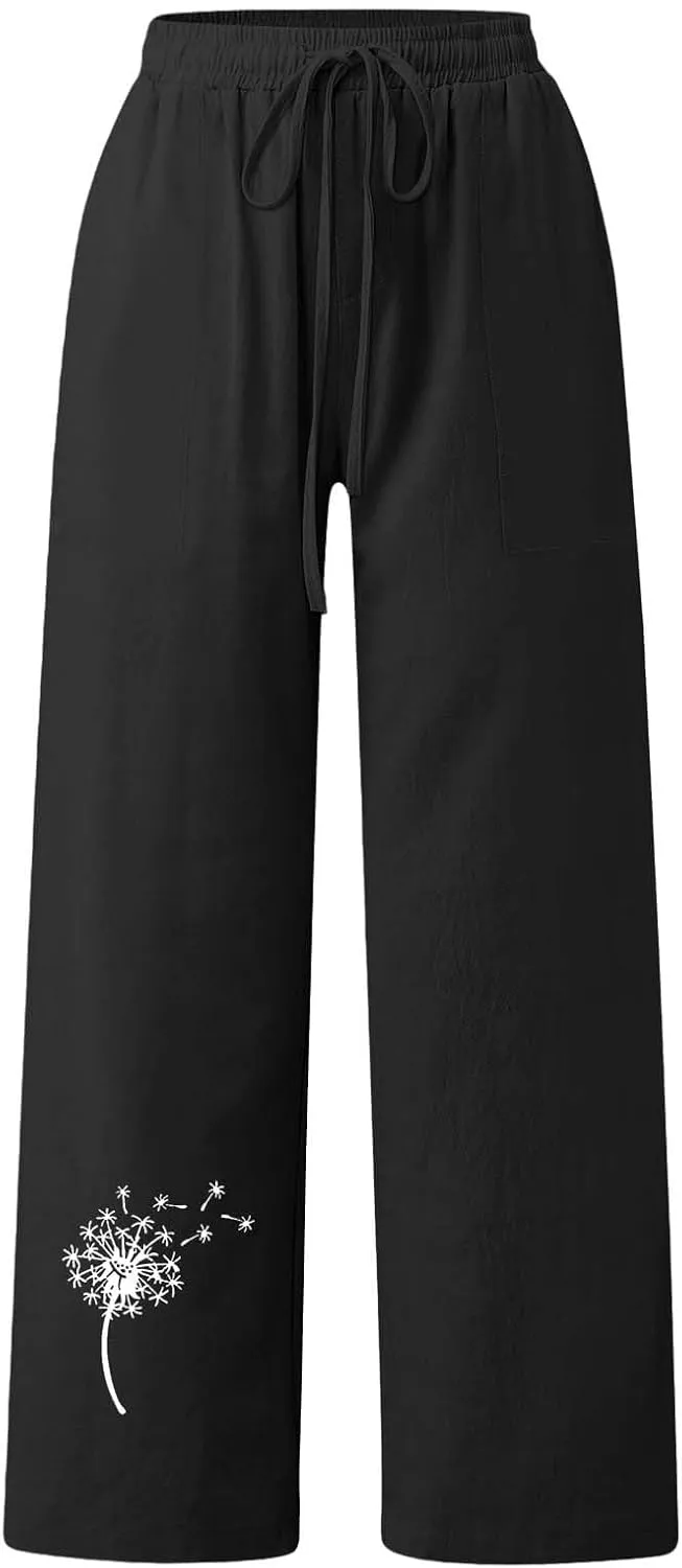 Linen Pants Women Summer Casual Boho Wide Leg Palazzo Pant High Waist Lightweight Flowy Beach Outfits Travel Vacation