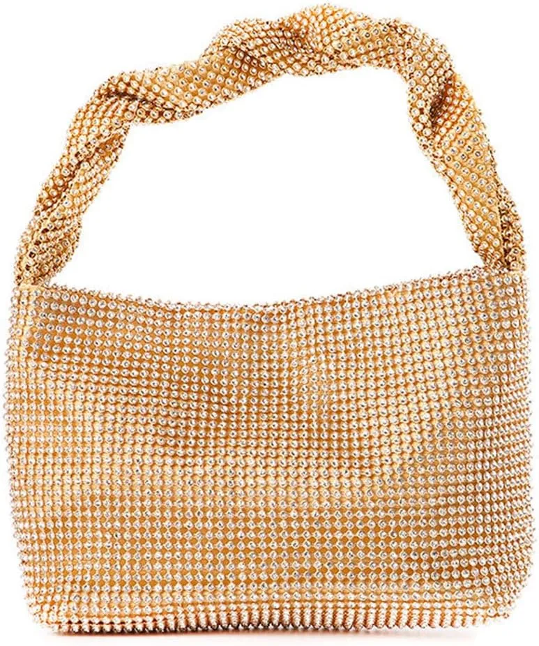 Logan Drill Mesh Luxurious Crystals Women Evening Handbags Magnet Switch Rhinestones Clutch Bags Solid Hobo for Wedding Party Gold