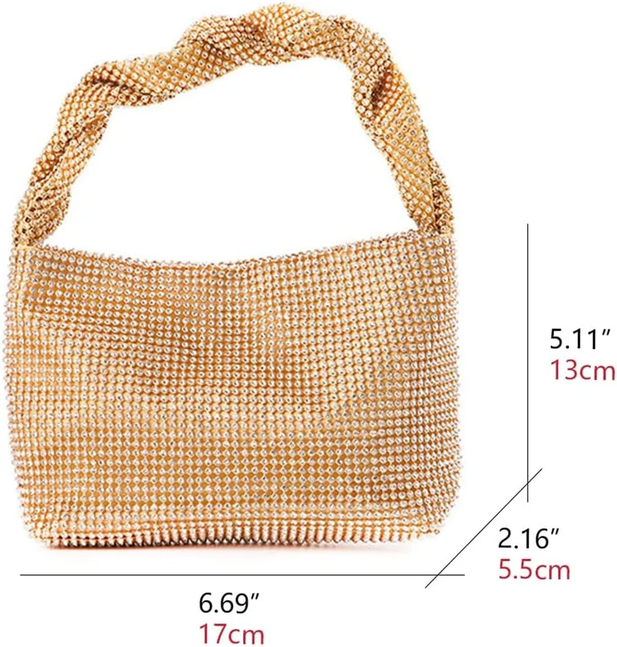 Logan Drill Mesh Luxurious Crystals Women Evening Handbags Magnet Switch Rhinestones Clutch Bags Solid Hobo for Wedding Party Gold