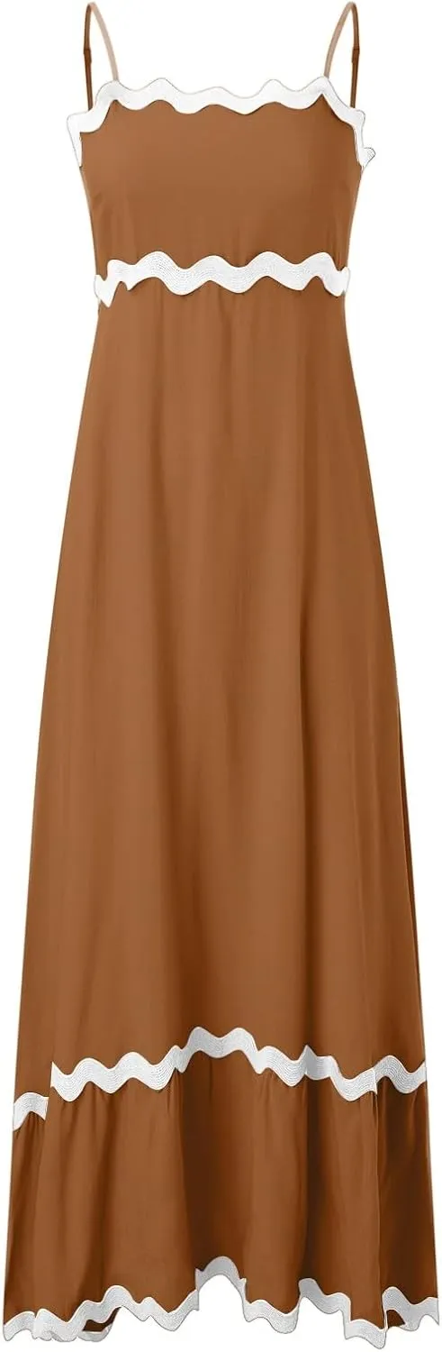 Long Flowy Dresses For Women Spaghetti Strap 2024 Maxi Dresses Summer Boho Sleeveless Striped A Line Beach Sundress