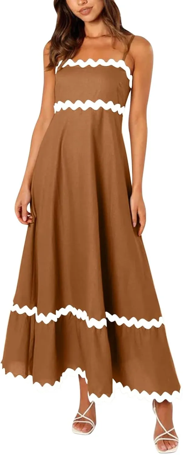 Long Flowy Dresses For Women Spaghetti Strap 2024 Maxi Dresses Summer Boho Sleeveless Striped A Line Beach Sundress