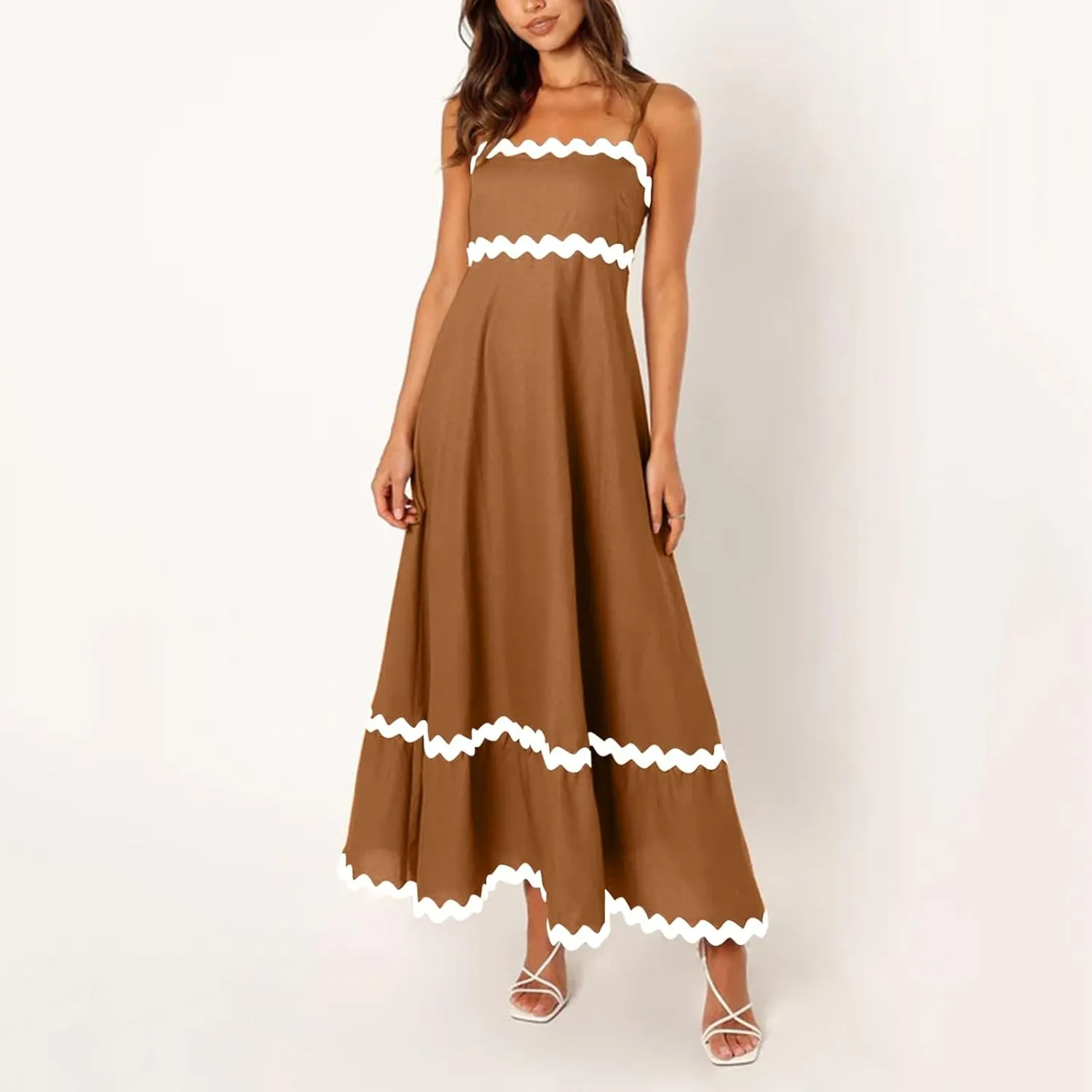 Long Flowy Dresses For Women Spaghetti Strap 2024 Maxi Dresses Summer Boho Sleeveless Striped A Line Beach Sundress