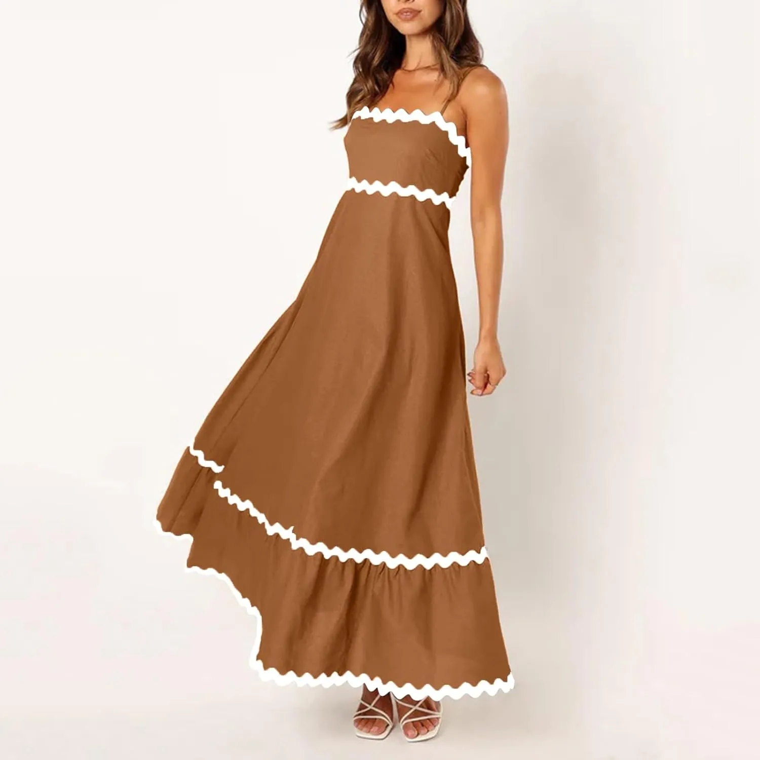 Long Flowy Dresses For Women Spaghetti Strap 2024 Maxi Dresses Summer Boho Sleeveless Striped A Line Beach Sundress