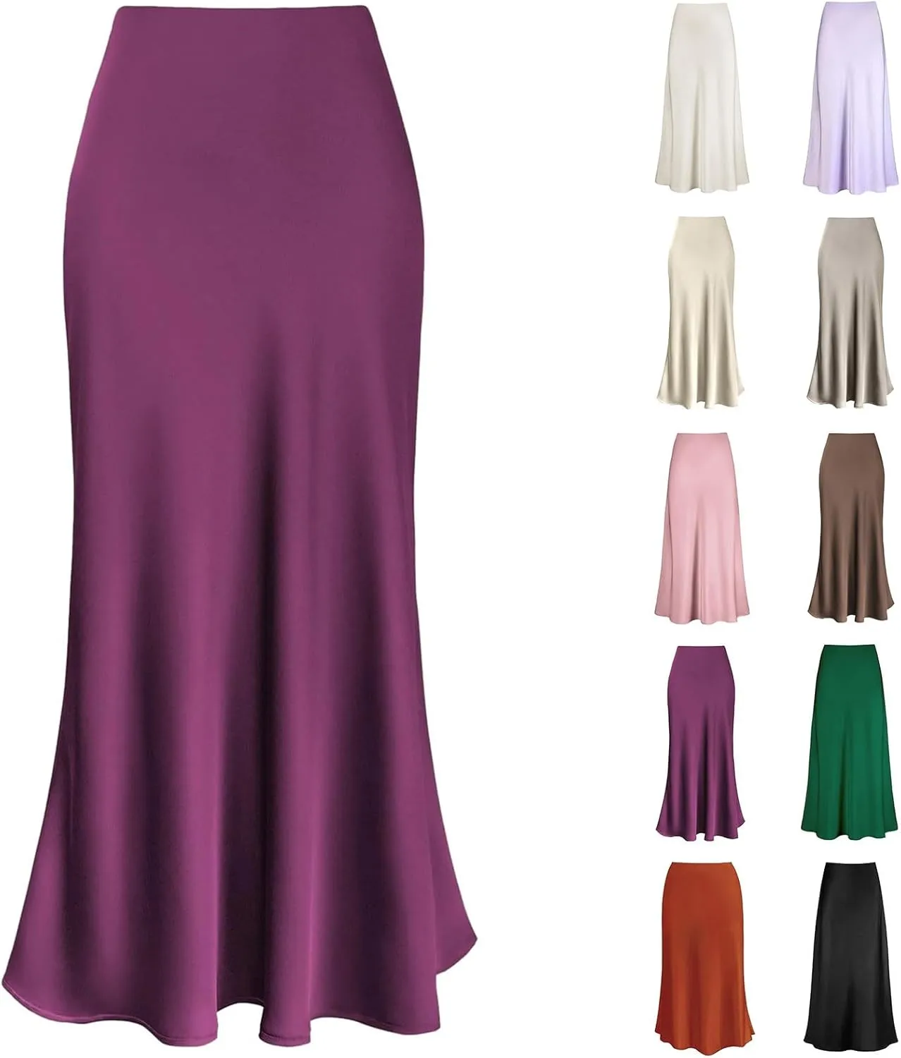 Long Skirts for Women Summer Stretchy Flowy Maxi Skirt Dressy Casual Satin Skirt for Work Fold Over High Waisted
