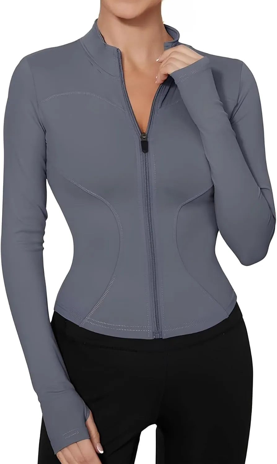 Long Sleeve Workout Tops Zip Up Jackets for Women Lightweight Athletic Tops Slim Fit Yoga Jacket with Thumb Holes