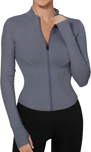 Long Sleeve Workout Tops Zip Up Jackets for Women Lightweight Athletic Tops Slim Fit Yoga Jacket with Thumb Holes