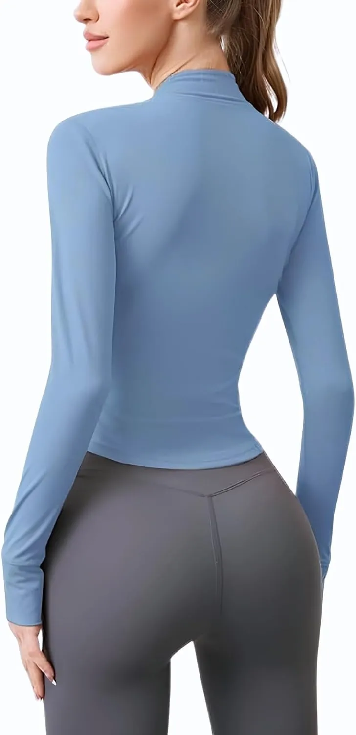 Long Sleeve Workout Tops Zip Up Jackets for Women Lightweight Athletic Tops Slim Fit Yoga Jacket with Thumb Holes