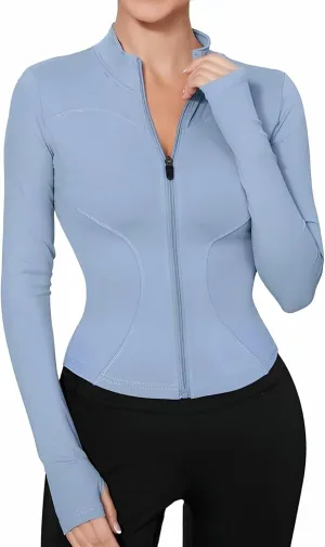 Long Sleeve Workout Tops Zip Up Jackets for Women Lightweight Athletic Tops Slim Fit Yoga Jacket with Thumb Holes
