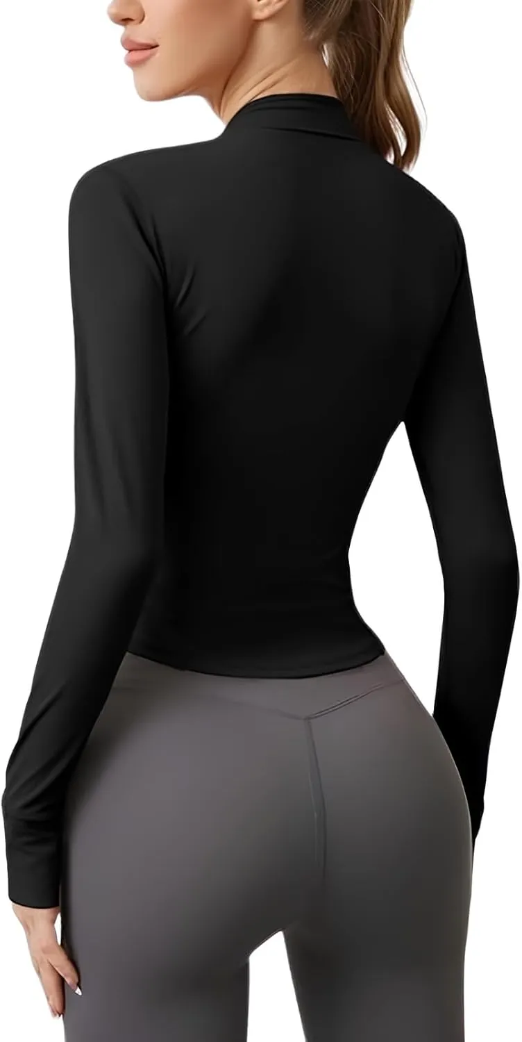 Long Sleeve Workout Tops Zip Up Jackets for Women Lightweight Athletic Tops Slim Fit Yoga Jacket with Thumb Holes