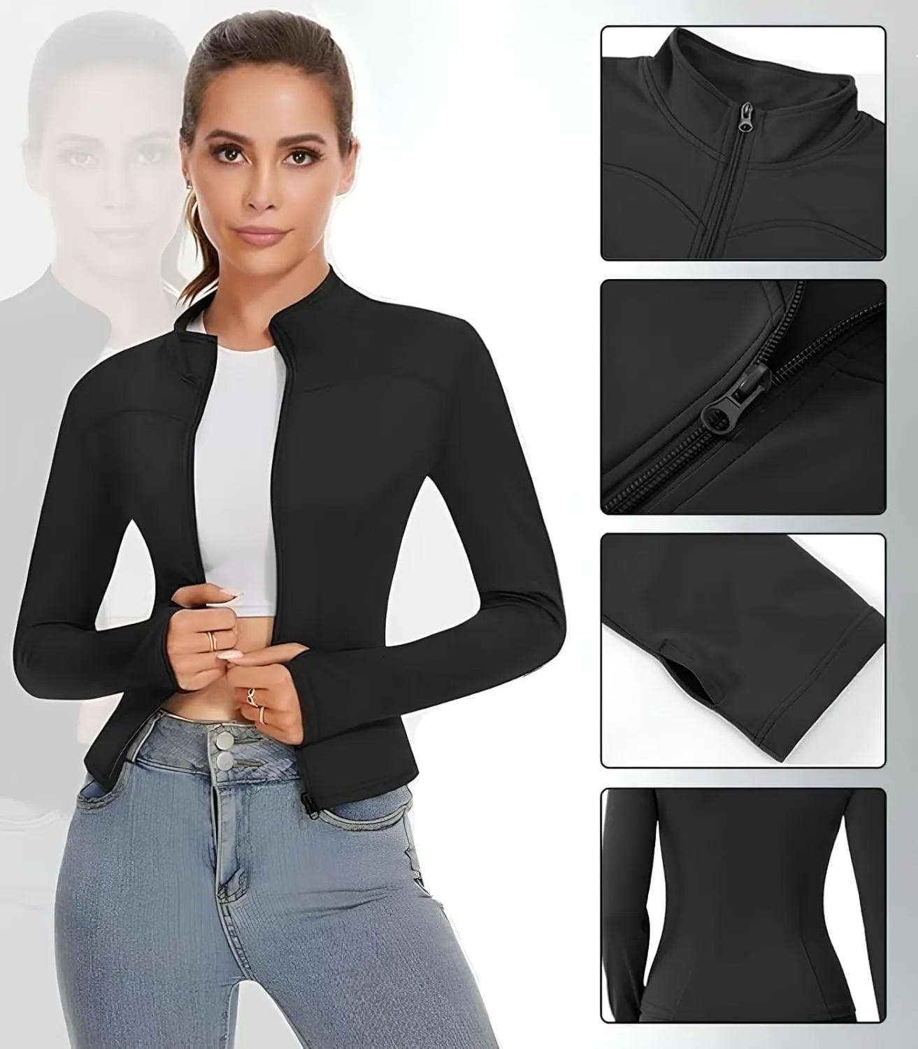 Long Sleeve Workout Tops Zip Up Jackets for Women Lightweight Athletic Tops Slim Fit Yoga Jacket with Thumb Holes