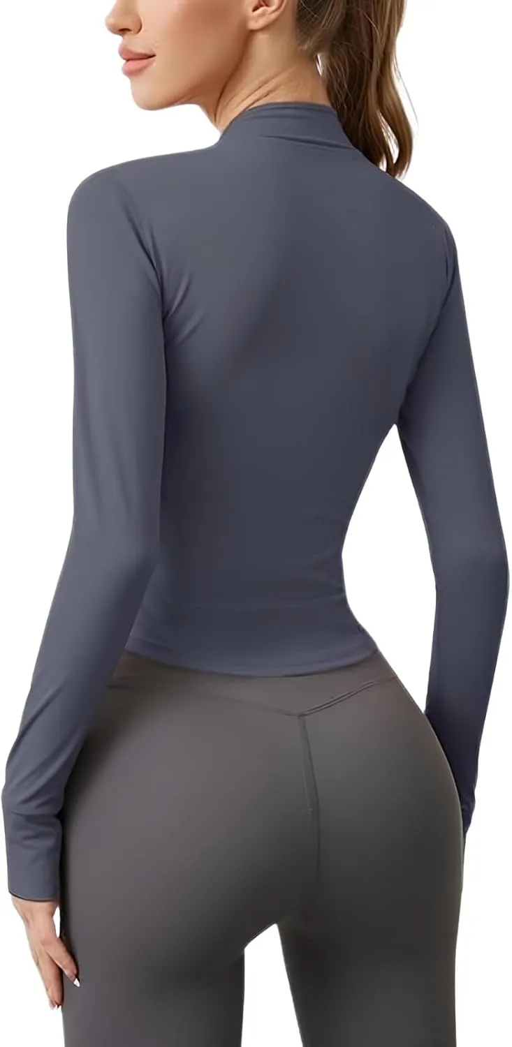 Long Sleeve Workout Tops Zip Up Jackets for Women Lightweight Athletic Tops Slim Fit Yoga Jacket with Thumb Holes