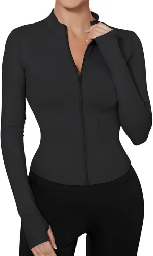 Long Sleeve Workout Tops Zip Up Jackets for Women Lightweight Athletic Tops Slim Fit Yoga Jacket with Thumb Holes