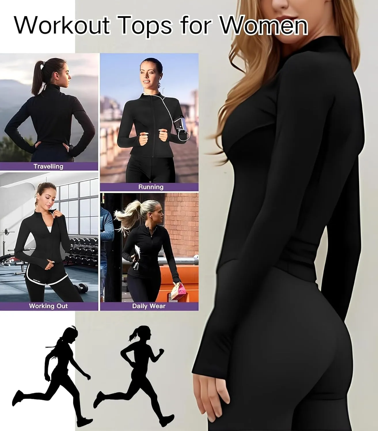 Long Sleeve Workout Tops Zip Up Jackets for Women Lightweight Athletic Tops Slim Fit Yoga Jacket with Thumb Holes