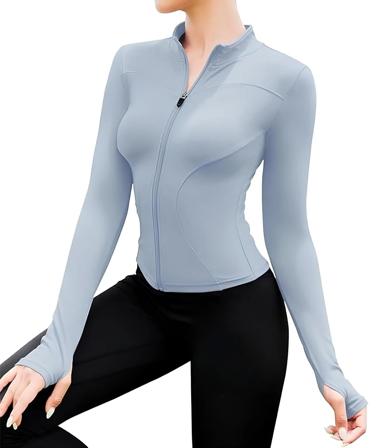 Long Sleeve Workout Tops Zip Up Jackets for Women Lightweight Athletic Tops Slim Fit Yoga Jacket with Thumb Holes