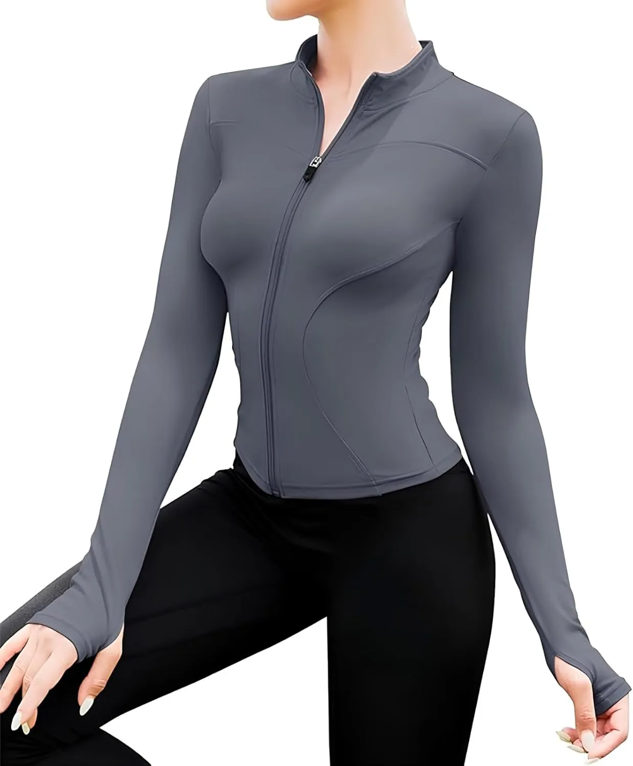 Long Sleeve Workout Tops Zip Up Jackets for Women Lightweight Athletic Tops Slim Fit Yoga Jacket with Thumb Holes