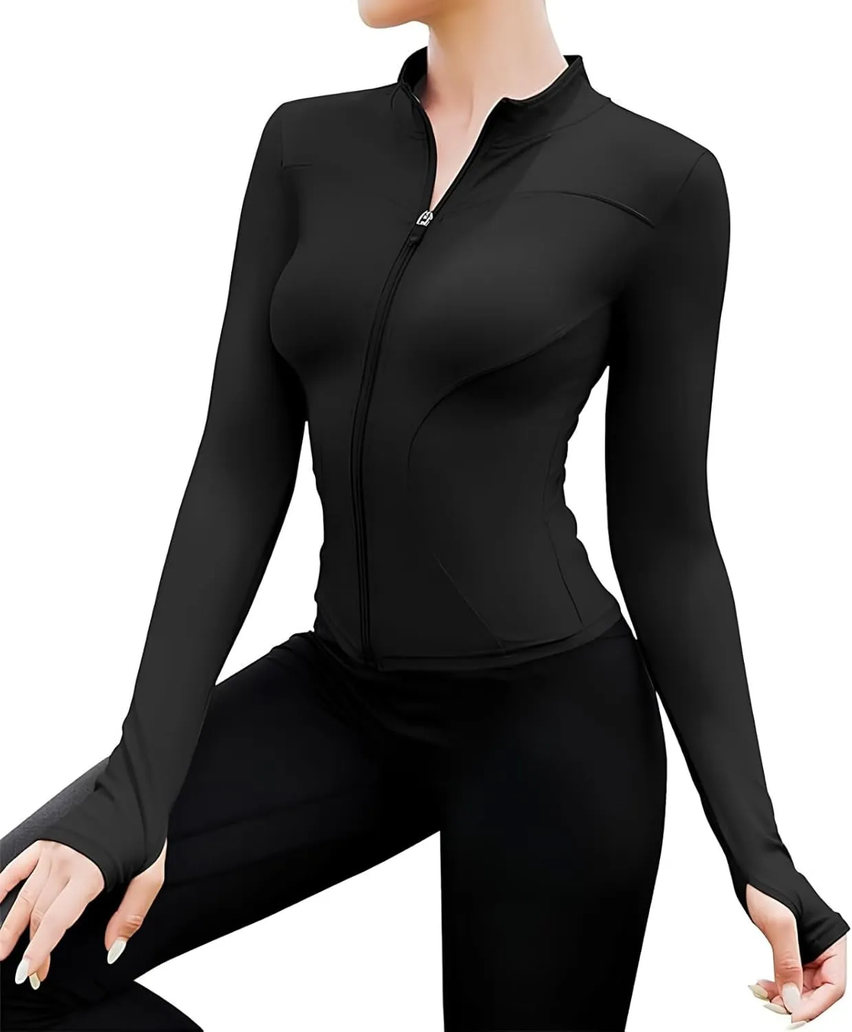 Long Sleeve Workout Tops Zip Up Jackets for Women Lightweight Athletic Tops Slim Fit Yoga Jacket with Thumb Holes