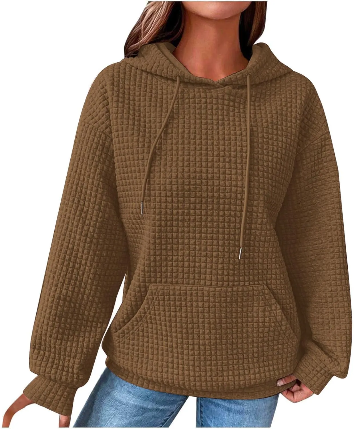 LRMQS Hoodies for Women Trendy Fall Fashion 2024 Waffle Knit Drawstring Pullover Sweatshirts Loose Fit Casual Cute Clothes