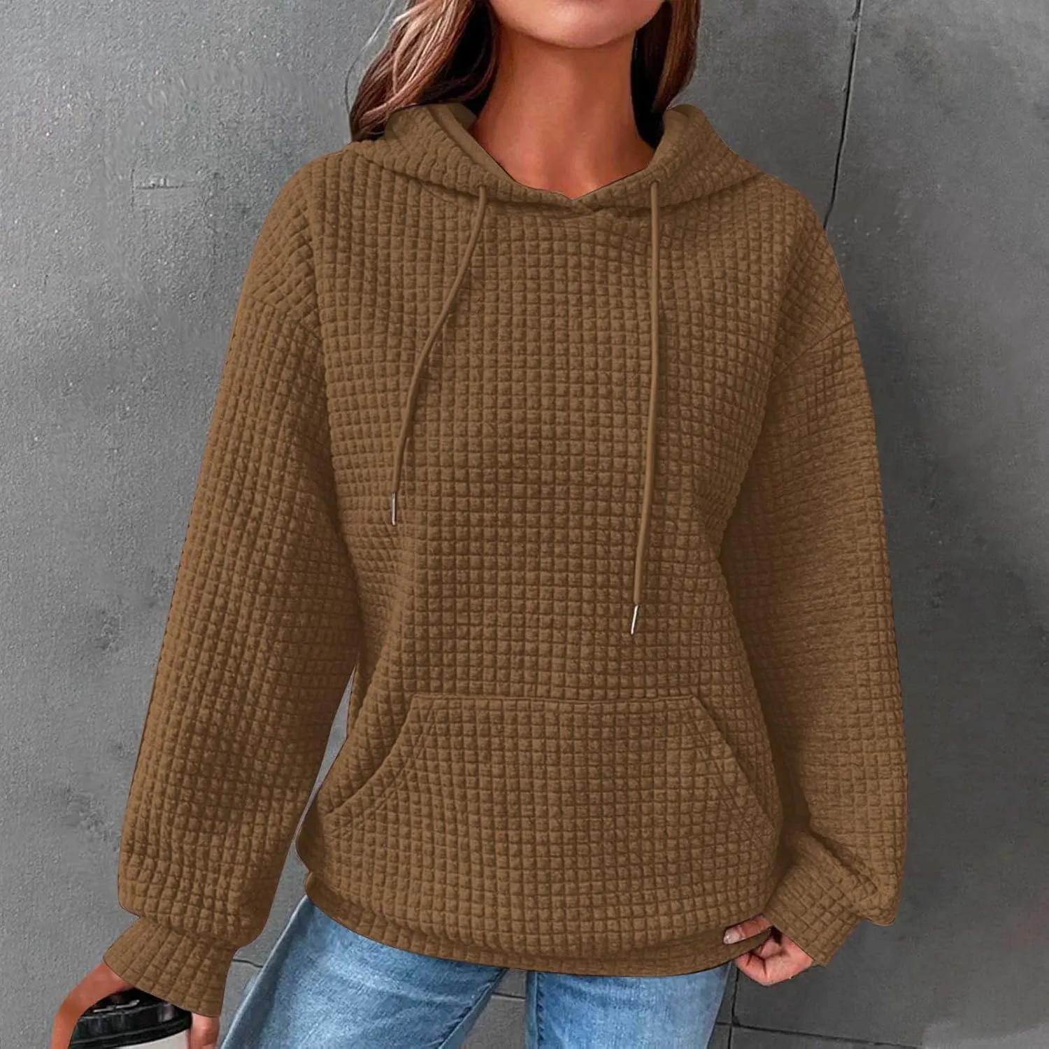 LRMQS Hoodies for Women Trendy Fall Fashion 2024 Waffle Knit Drawstring Pullover Sweatshirts Loose Fit Casual Cute Clothes