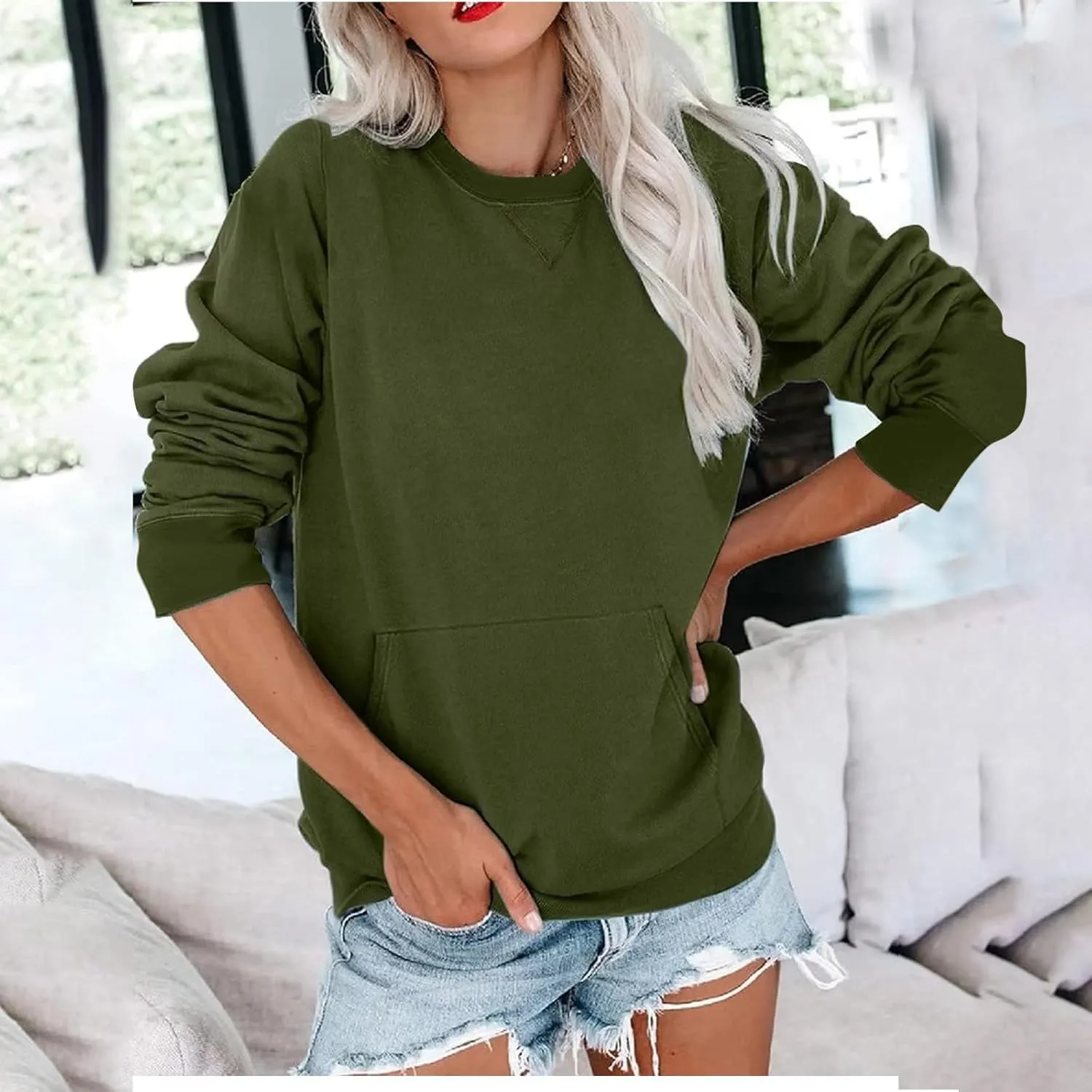 LRMQS Sweatshirt for Women Crewneck Trendy Long Sleeve Shirts with Pocket Fall Fashion 2024 Casual Cute Pullover Clothes