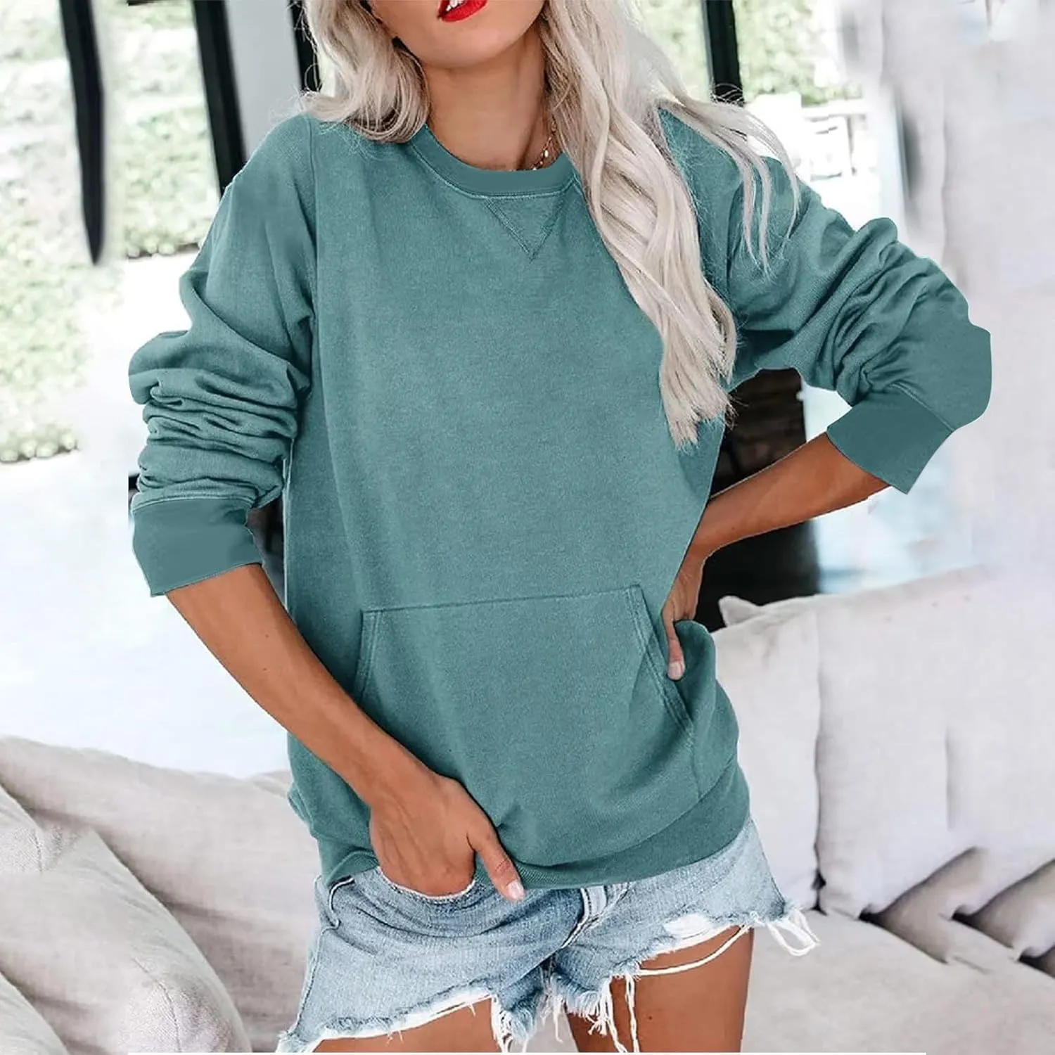 LRMQS Sweatshirt for Women Crewneck Trendy Long Sleeve Shirts with Pocket Fall Fashion 2024 Casual Cute Pullover Clothes