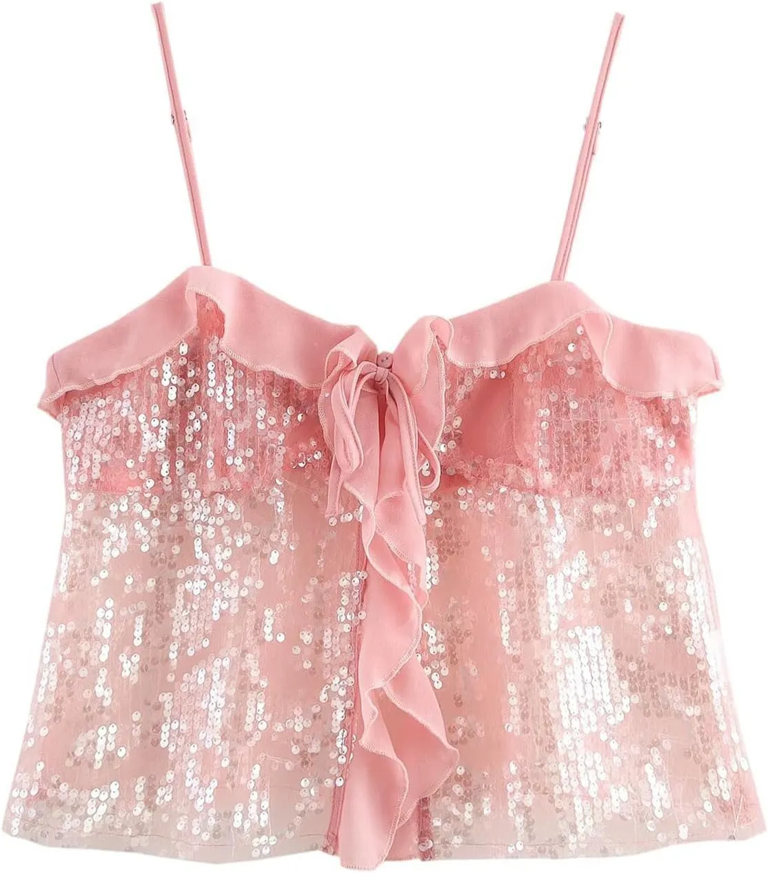 Lunoakvo Women Chic Sequined Pleated Ruffle Tank Top Backless Crop Spaghetti Strap Chiffon Sling Camisole