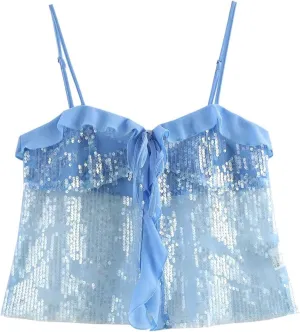 Lunoakvo Women Chic Sequined Pleated Ruffle Tank Top Backless Crop Spaghetti Strap Chiffon Sling Camisole