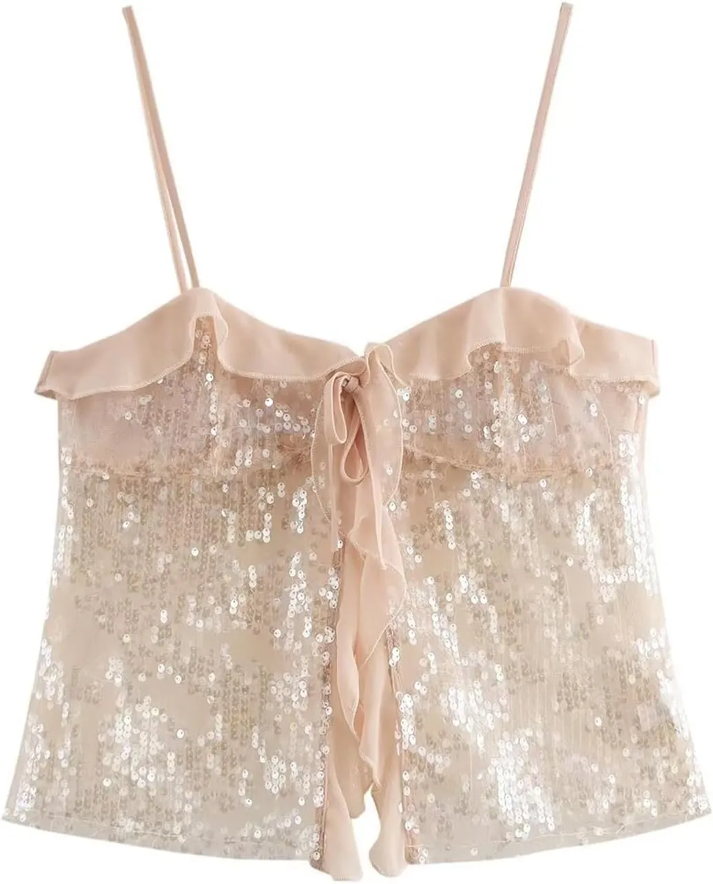 Lunoakvo Women Chic Sequined Pleated Ruffle Tank Top Backless Crop Spaghetti Strap Chiffon Sling Camisole