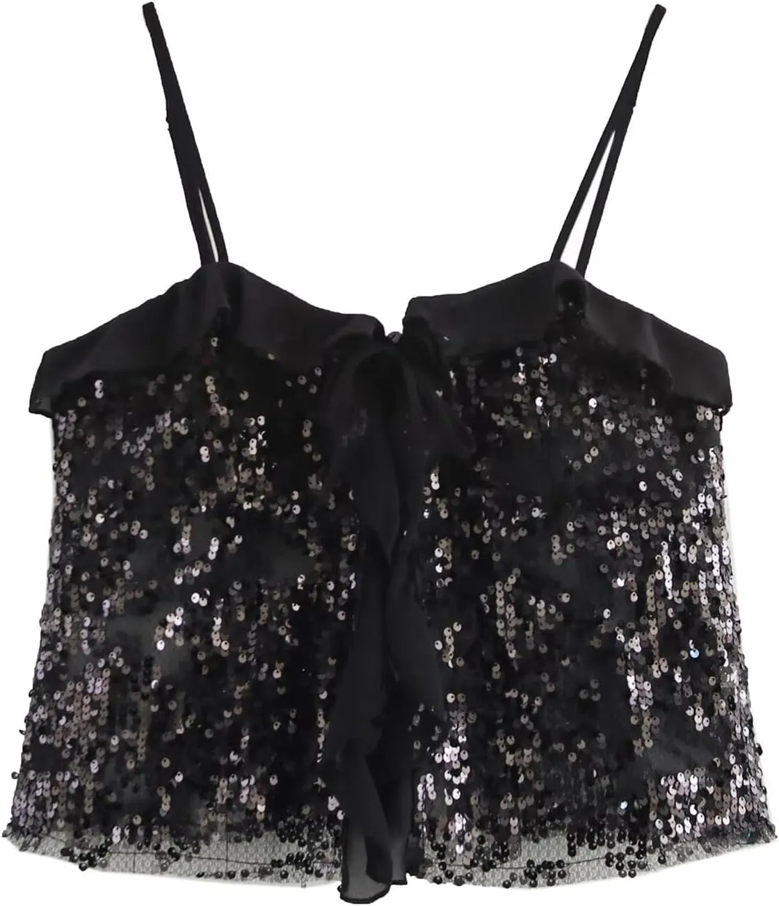 Lunoakvo Women Chic Sequined Pleated Ruffle Tank Top Backless Crop Spaghetti Strap Chiffon Sling Camisole